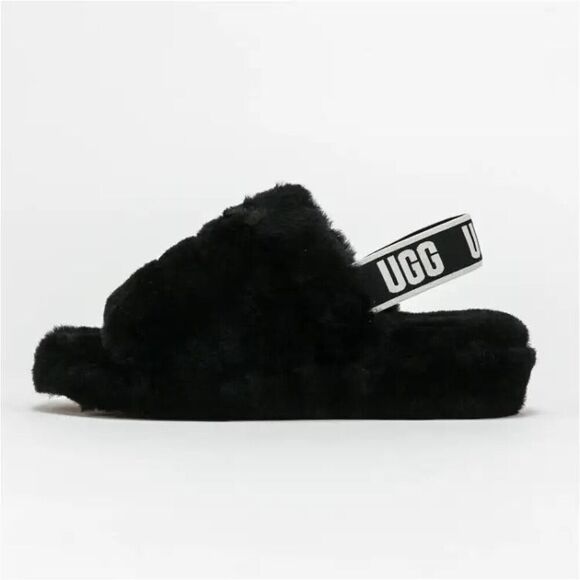 UGG Kid's Black Flat Strap Comfort Slip On Fluff Yeah Slide Sandal Size 6 - Picture 1 of 8